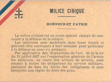 Carte de la Milice Civique de la France Libre (Nouvelle-Calédonie)  Collection MDVN, droits réservés