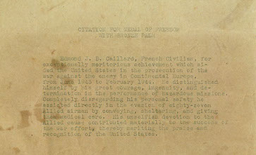 La citation d'Edmond Caillard pour avoir sauvé 87 aviateurs Alliés  Collection Caillard, droits réservés